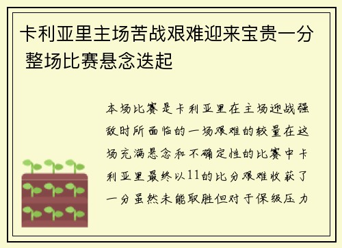 卡利亚里主场苦战艰难迎来宝贵一分 整场比赛悬念迭起