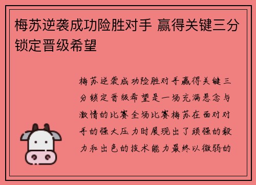 梅苏逆袭成功险胜对手 赢得关键三分锁定晋级希望